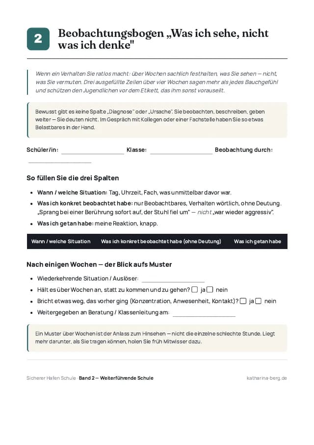 Beispielseite 1 aus den Vorlagen zu „Sicherer Hafen Schule – weiterführende Schule“